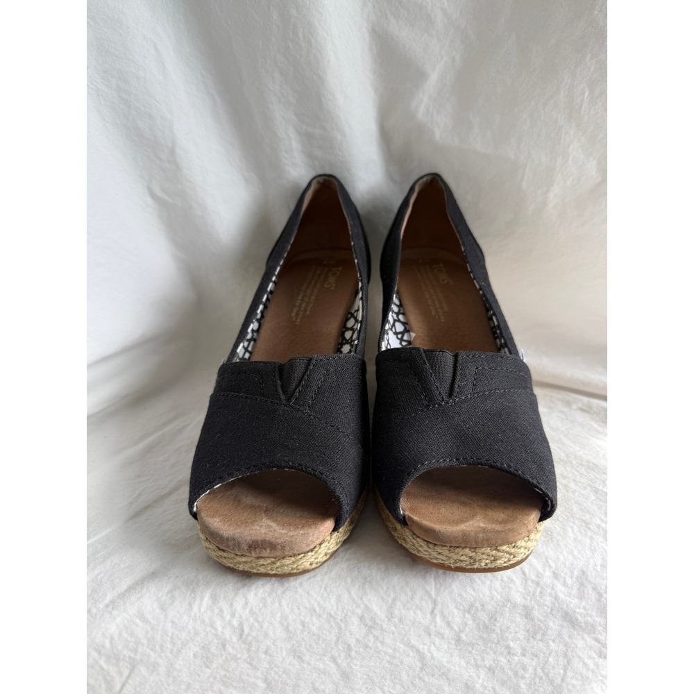 TOMS Women Black Canvas Peep Toe Espadrille Wedge Sandals Size 7